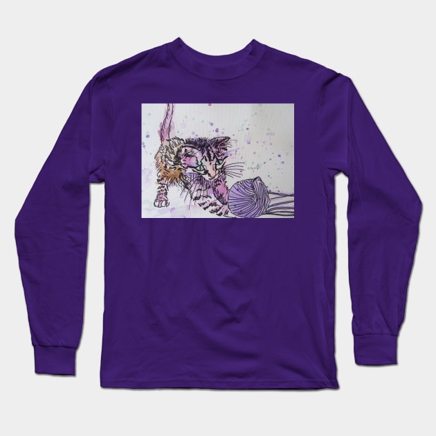 Cat Watercolour Painting Purple Long Sleeve T-Shirt by SarahRajkotwala